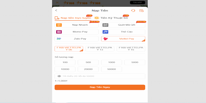 Nạp tiền F168 với đa dạng hình thức được cung cấp bởi thương hiệu uy tín